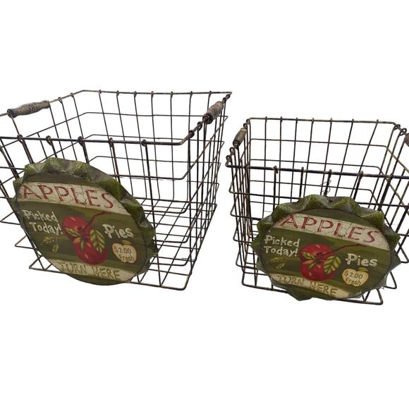 Vintage Metal Wire Locker Baskets Apple Pie Farmhouse Storage | Set of 2 - Picture 12 of 16